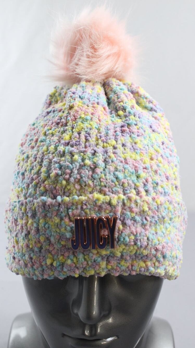 Juicy Couture Beanie Hat Womens OS Multicolor Fold-over Ribbed Cuff Pom